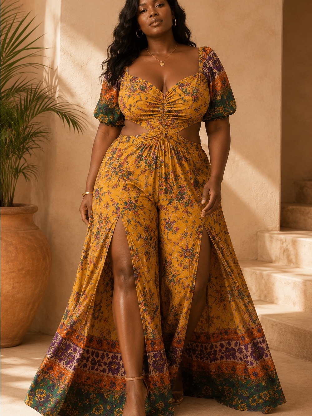 Free People Mustard Floral Cutout Jumpsuit with Puff Sleeves